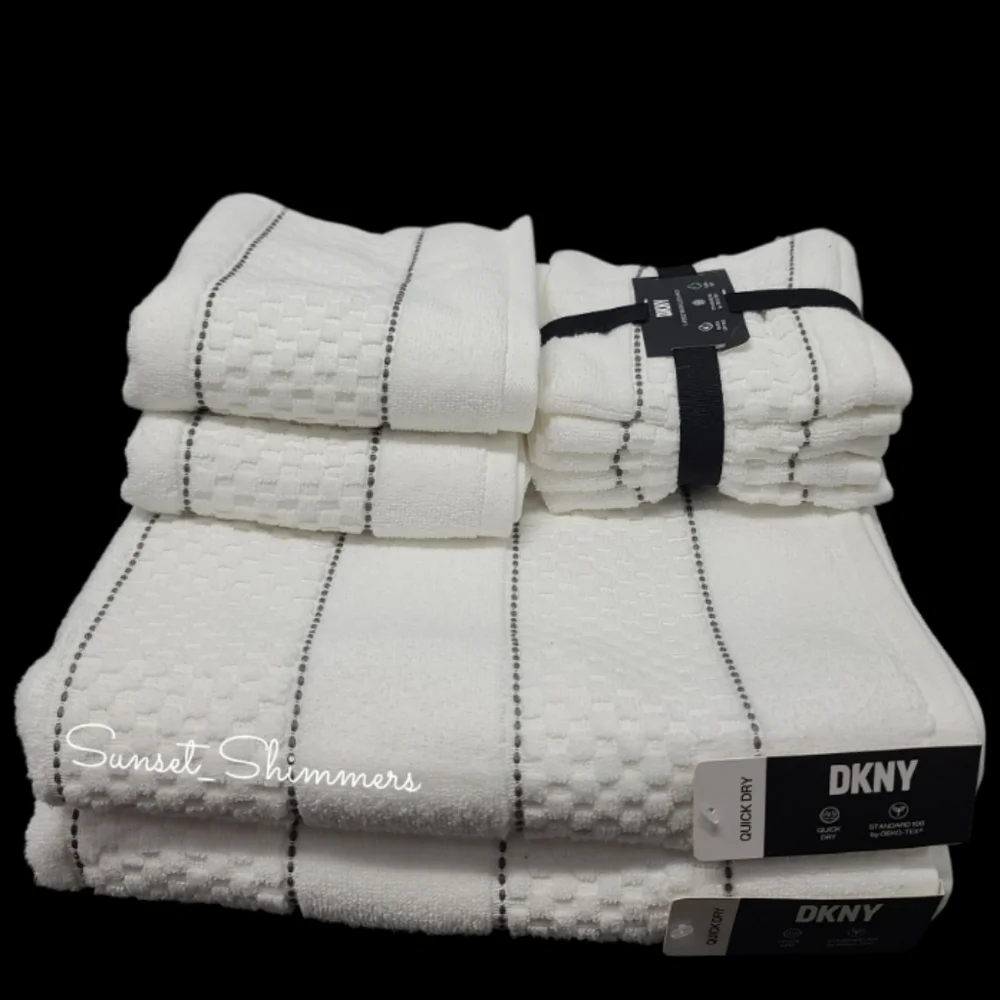 9pc DKNY White Textured Dark Gray Dot Pin Stripe Bath Hand Washcloth Towel Set